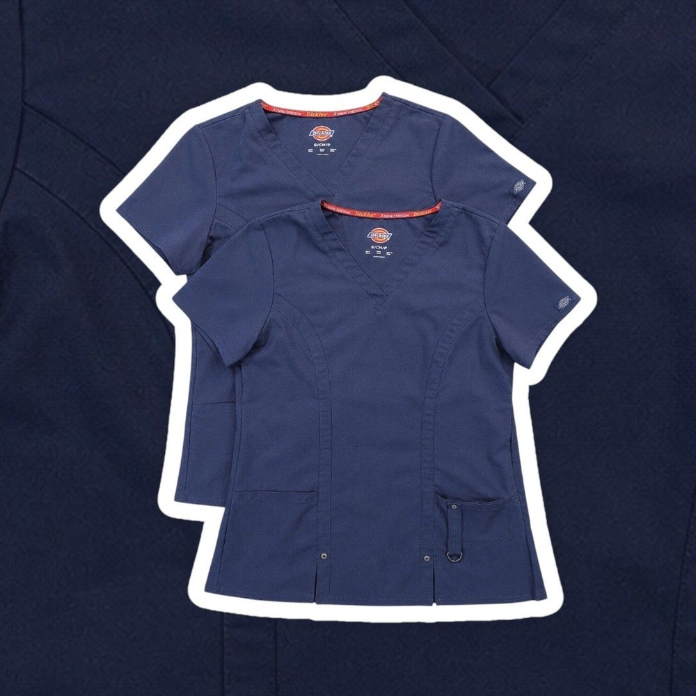 2 PACK: Dickies Xtreme Stretch Scrub Tops Womens S Navy‎ Blue  V-Neck Medical